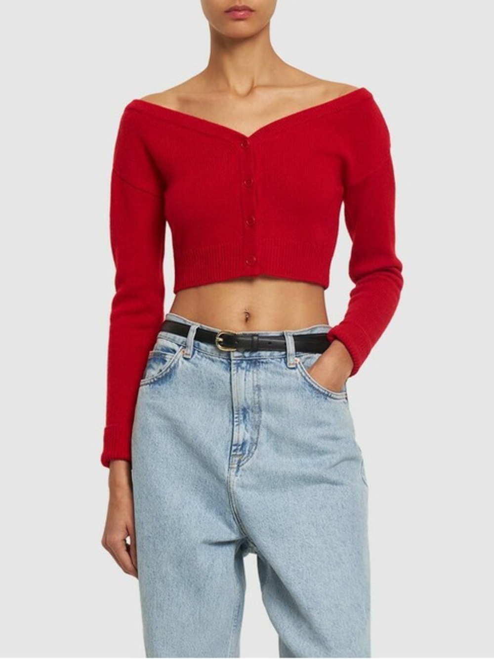 Reformation Millie Off-The-Shoulder Crop Recycled Cashmere Cherry Red Cardigan